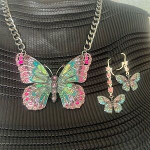 Betsy Johnson Multi Colored Crystal Necklace and Pierced Earring set